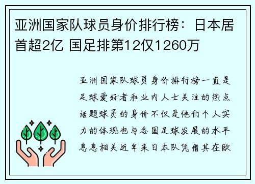 亚洲国家队球员身价排行榜：日本居首超2亿 国足排第12仅1260万